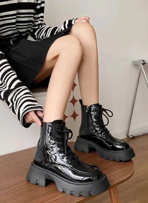 Black Glossy Faux Leather Combat Boots | Yuna - ITZY