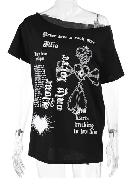Black Gothic Print Asymmetrical T-Shirt | Karina - Aespa