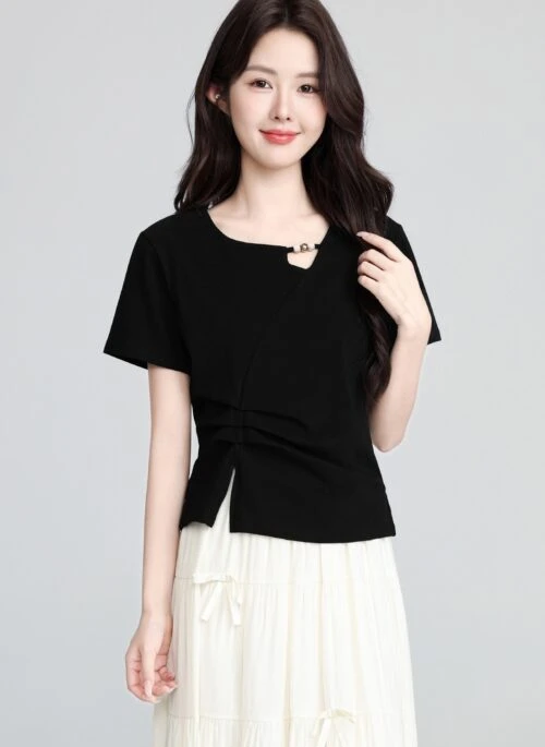 Black Hollow Out Irregular Split Short Sleeve Top