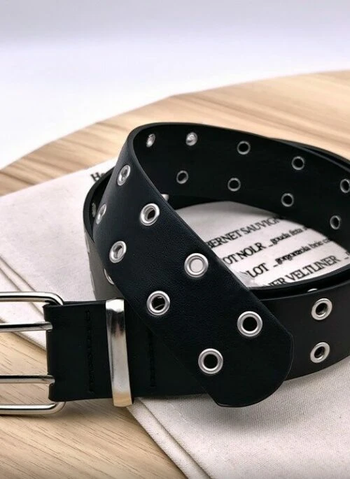 Black Layered Eyelet Faux Leather Belt | Heeseung – Enhypen