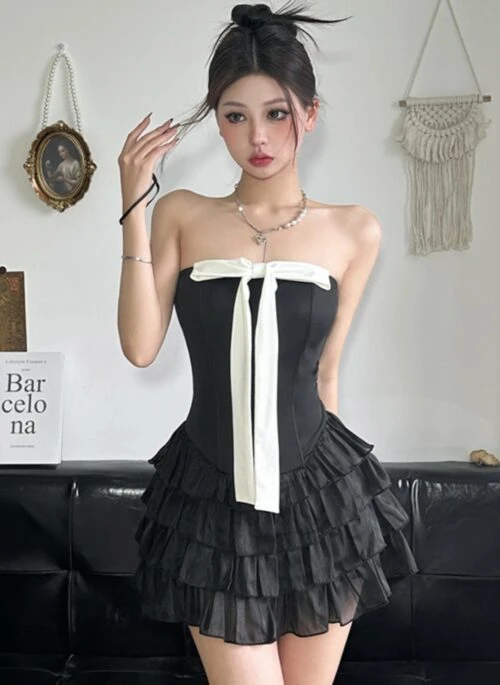 Black Long Bow Corset Ruffle Dress | Natty – Kiss Of Life