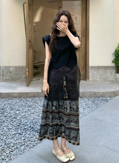 Black Mesh Patchwork T Shirt Skirt Set
