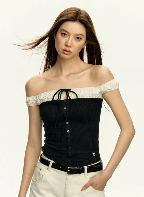 Black Off-Shoulder Button-Front Top | Yunjin – Le Sserafim
