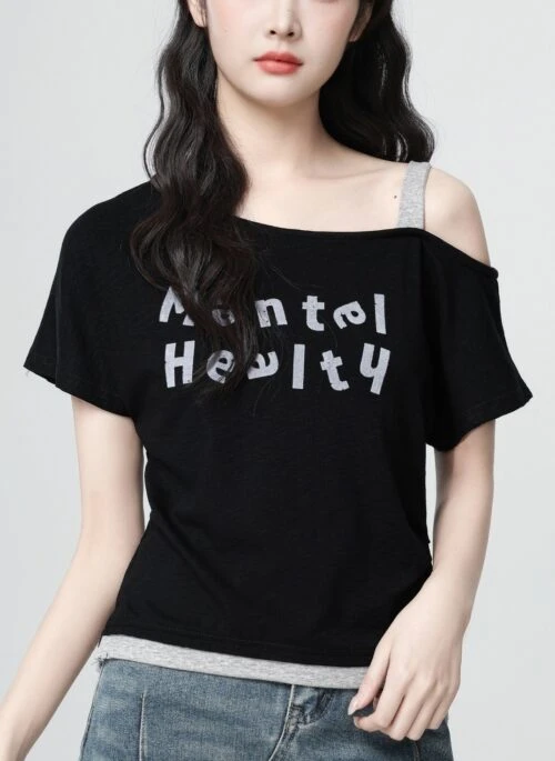 Black Off Shoulder Printed Short Sleeve Patchwork Top