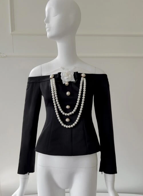Black Pearl Chain Vintage Off-Shoulder Top | Jennie – BlackPink