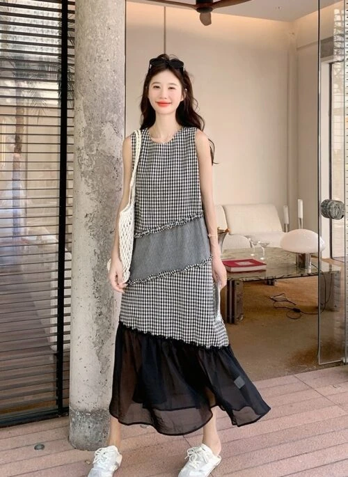 Black Plaid Mesh Patchwork Sleeveless Casual Dress