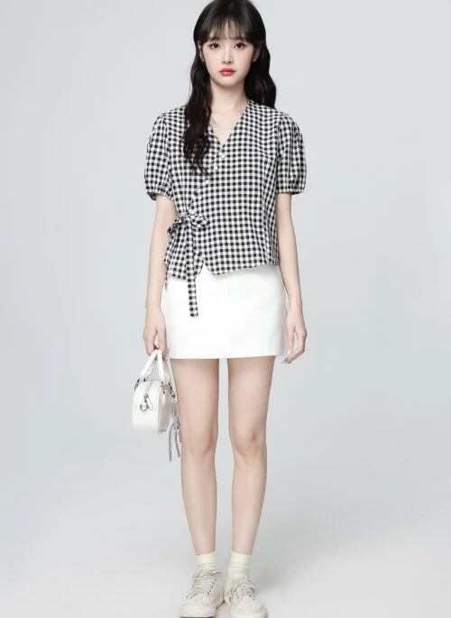 Black Plaid V Neck Puff Sleeve Short Shirt