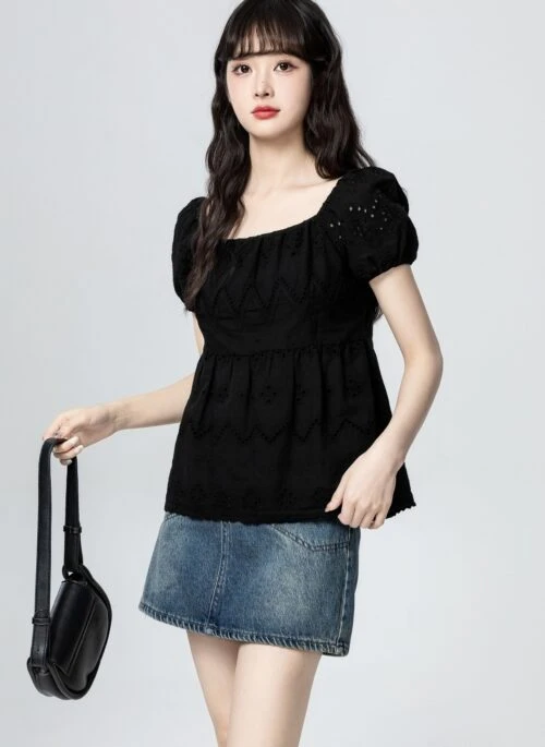 Black Puff Sleeve Lace Blouse