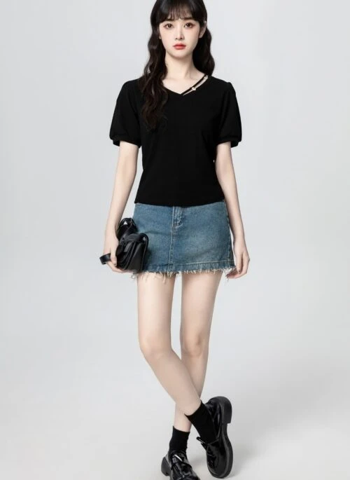 Black Puff Sleeve Vneck Short Sleeve Top