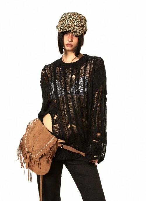 Black Ripped Pattern Knitted Sweater | J-Hope – BTS
