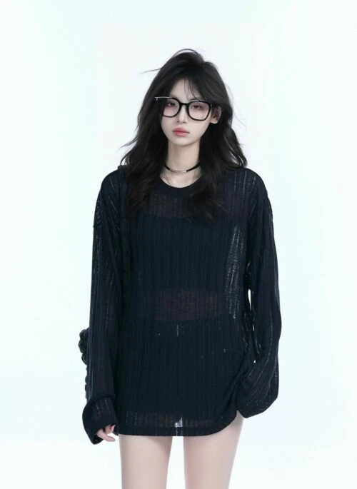 Black Sheer Stripe Long Sleeves Knit Top | J-Hope - BTS