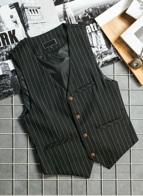 Black Striped Button-Down Vest | Seonghwa - ATEEZ