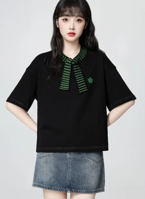 Black Striped Collar Short Sleeve Casual Loose Top