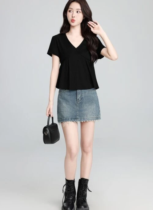 Black V Neck Short Sleeve Slim Fit Top