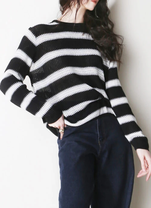 Black and White Horizontal Stripe Knit Sweater | Sunoo – Enhypen