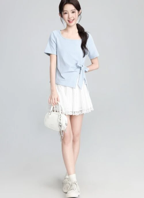 Blue Bow Tie Short Sleeve Split Hem Top