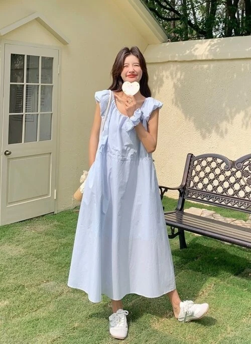 Blue Casual Flutter Sleeve French Style Maxi Dress