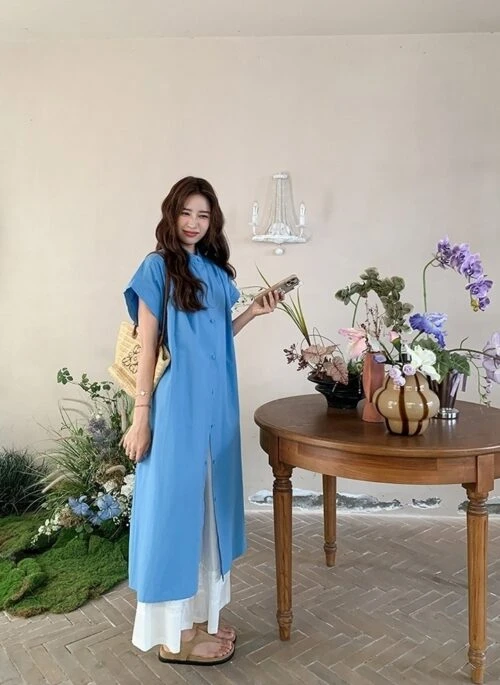 Blue Casual Shirt Dress Wide Leg Pants Set