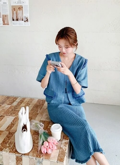Blue Chic Style Top And Skirt Set
