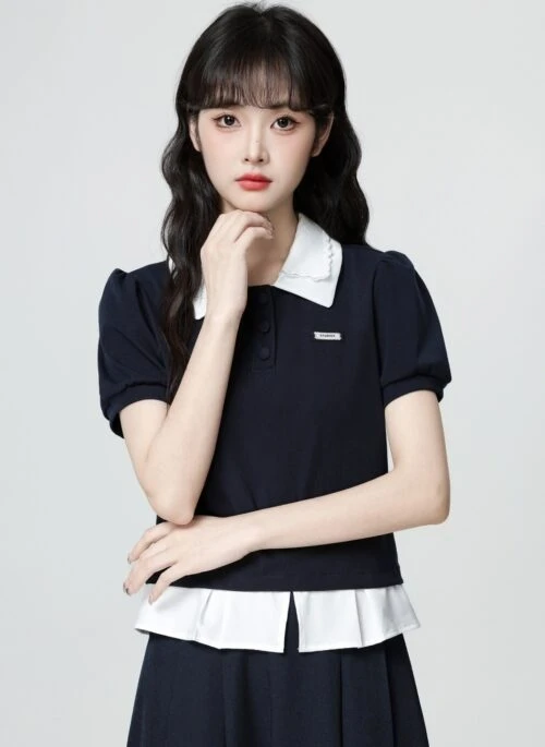 Blue Contrast Polo Collar Short Sleeve T Shirt