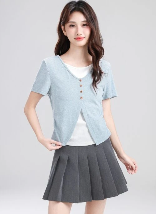 Blue Contrast Short Sleeve Layered Design Top