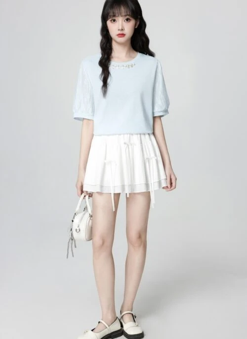 Blue Crew Neck Casual Loose Fit Short Sleeve Top