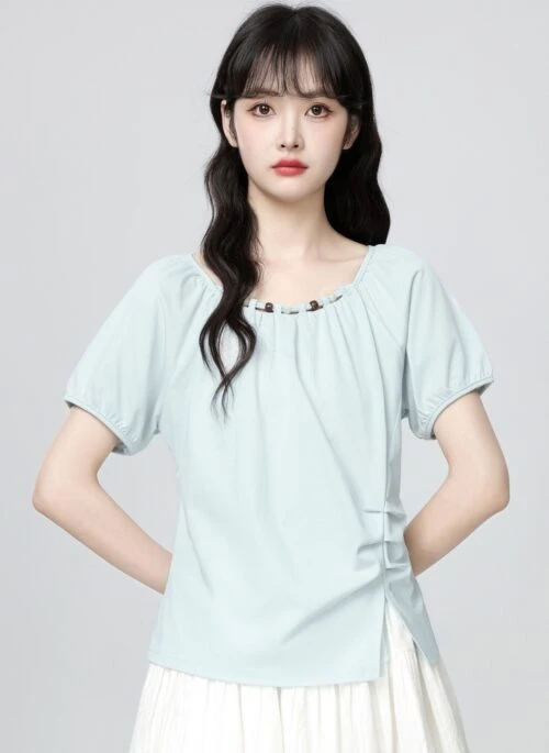 Blue Crew Neck Short Sleeve Irregular Split Hem Top