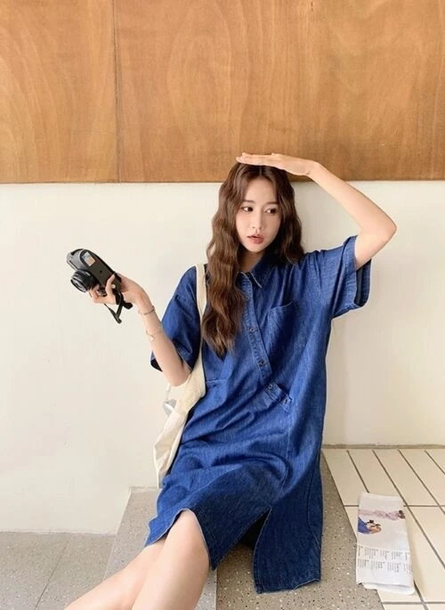 Blue Denim Casual Vintage Loose Fit Dress