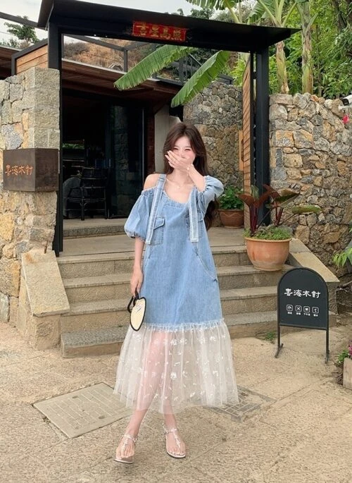 Blue Denim Mesh Off Shoulder Sweet A Line Dress