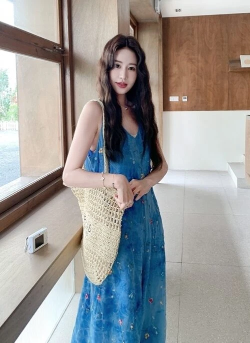 Blue Embroidered Floral Sleeveless Wide Leg Jumpsuit