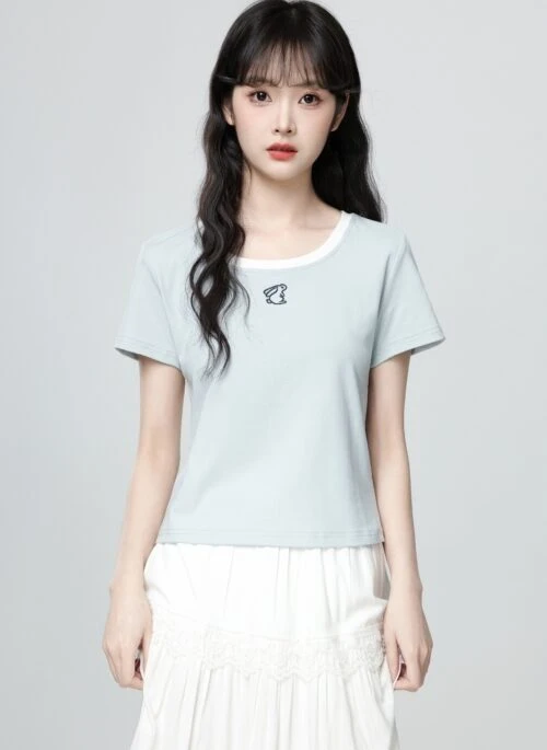 Blue Embroidered Short Sleeve Crewneck Casual Top