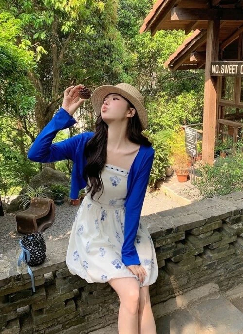 Blue Floral Dress Cardigan Set Summer Sweet Style