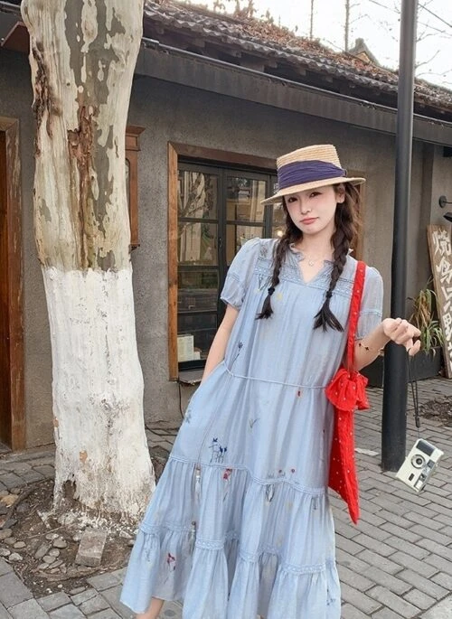 Blue Floral Embroidered Casual Elegant Maxi Dress