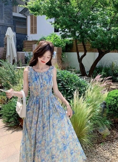 Blue Floral Ruched French Style Maxi Dress