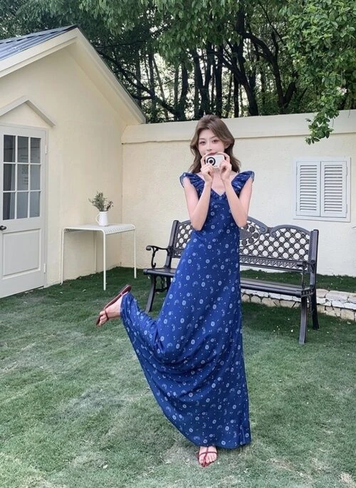 Blue Floral Vintage V Neck Sleeveless Maxi Dress
