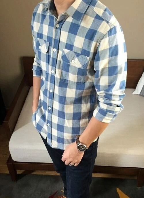 Blue Front Pockets Plaid Button-Up Shirt | DK - Seventeen