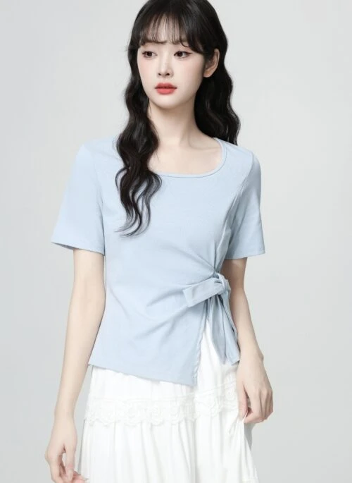 Blue Irregular Short Sleeve Bow Tie Waist Top