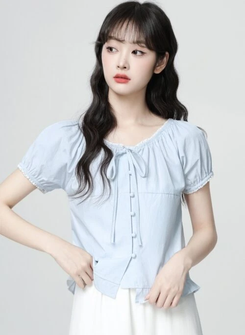 Blue Lace Bow Tie Short Sleeve Blouse