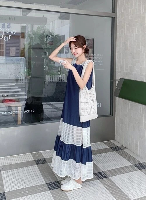 Blue Lace Patchwork Denim Sleeveless Maxi Dress