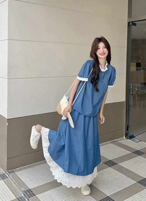 Blue Lace Patchwork High Waist Skirt Set