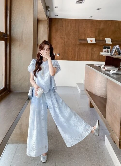 Blue Lace Short Sleeve Top Wide Leg Pants Set