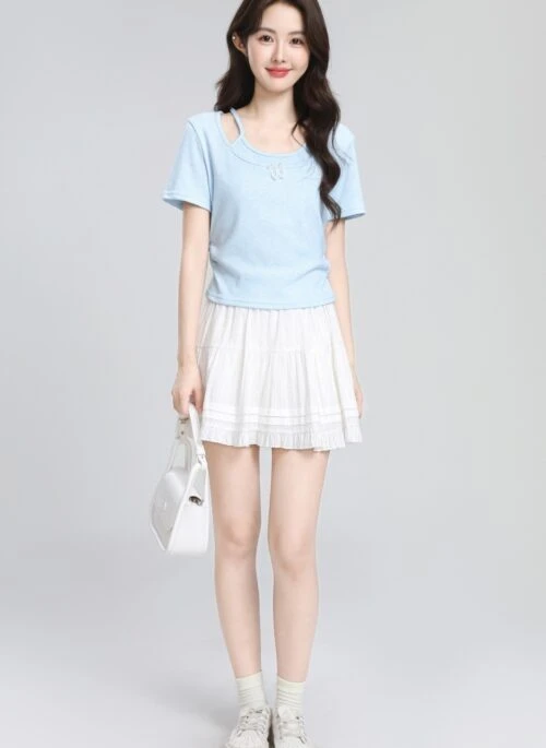 Blue Layered Design Short Sleeve Patchwork Top
