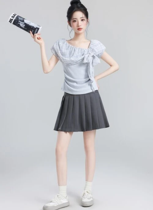 Blue Off Shoulder Ruffle Bow Tie Short Sleeve Top