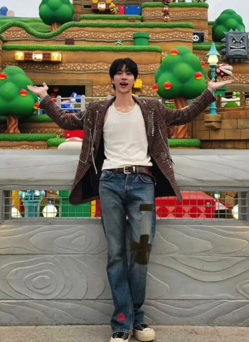 Blue Patched Style Printed Jeans | Jin – BTS