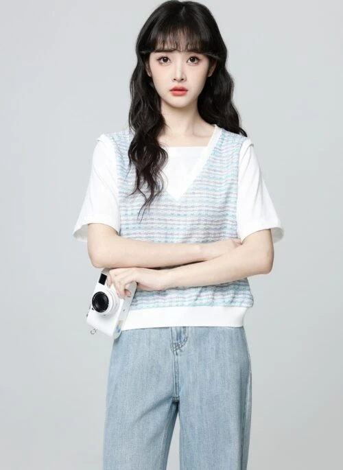 Blue Patchwork Textured Short Sleeve T Shirt