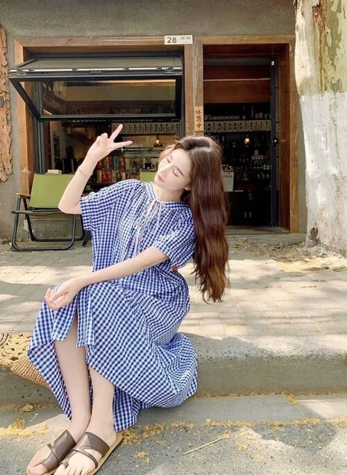 Blue Plaid Button Down Tie Waist Shirt Dress