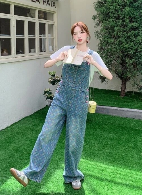 Blue Plaid Denim Overalls Casual Style Jumpsuit