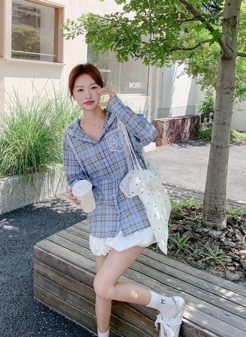 Blue Plaid Hooded Casual Lightweight Shirt Jacket