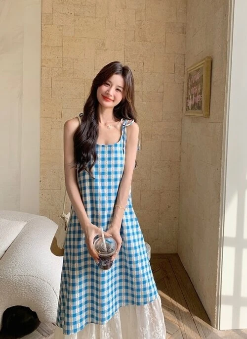 Blue Plaid Lace Trim Midi Sundress