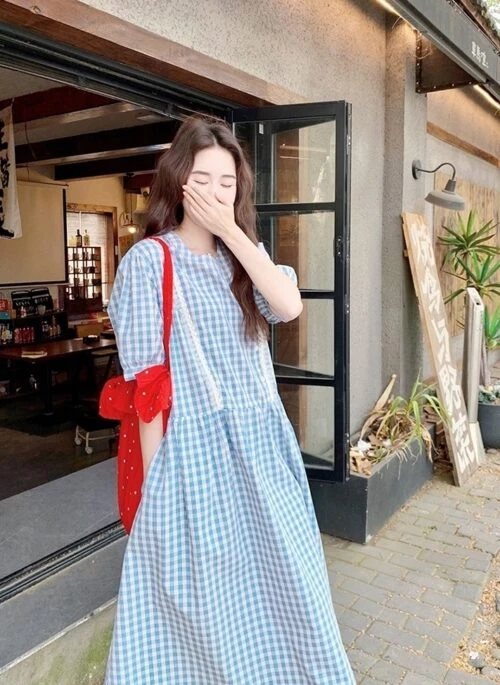 Blue Plaid Puff Sleeve Casual Summer Dress
